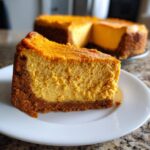 A slice of no bake pumpkin cheesecake on a white plate, with the rest of the cheesecake in the background.