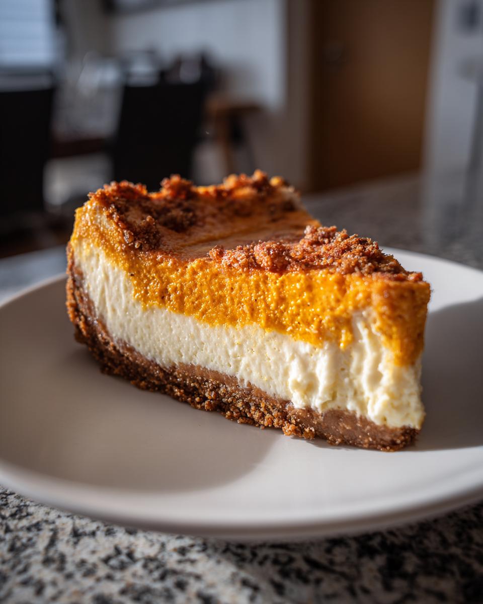 A delicious slice of no bake pumpkin cheesecake with a graham cracker crust and creamy filling.