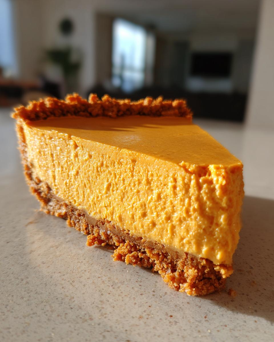 A perfect slice of no bake pumpkin cheesecake with a graham cracker crust, bathed in sunlight.