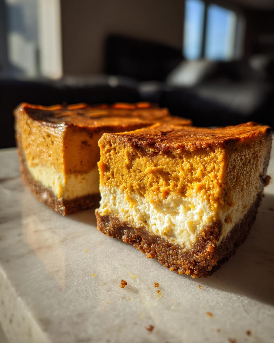 Close-up of two slices of no bake pumpkin cheesecake with a graham cracker crust and creamy filling.