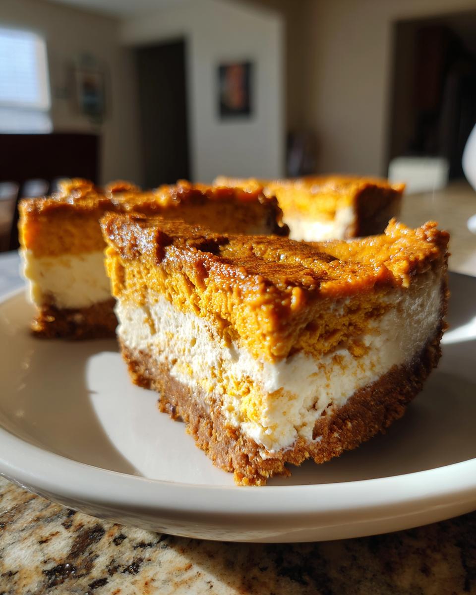 Close-up of three slices of no bake pumpkin cheesecake on a white plate, showcasing the creamy filling and pumpkin topping.