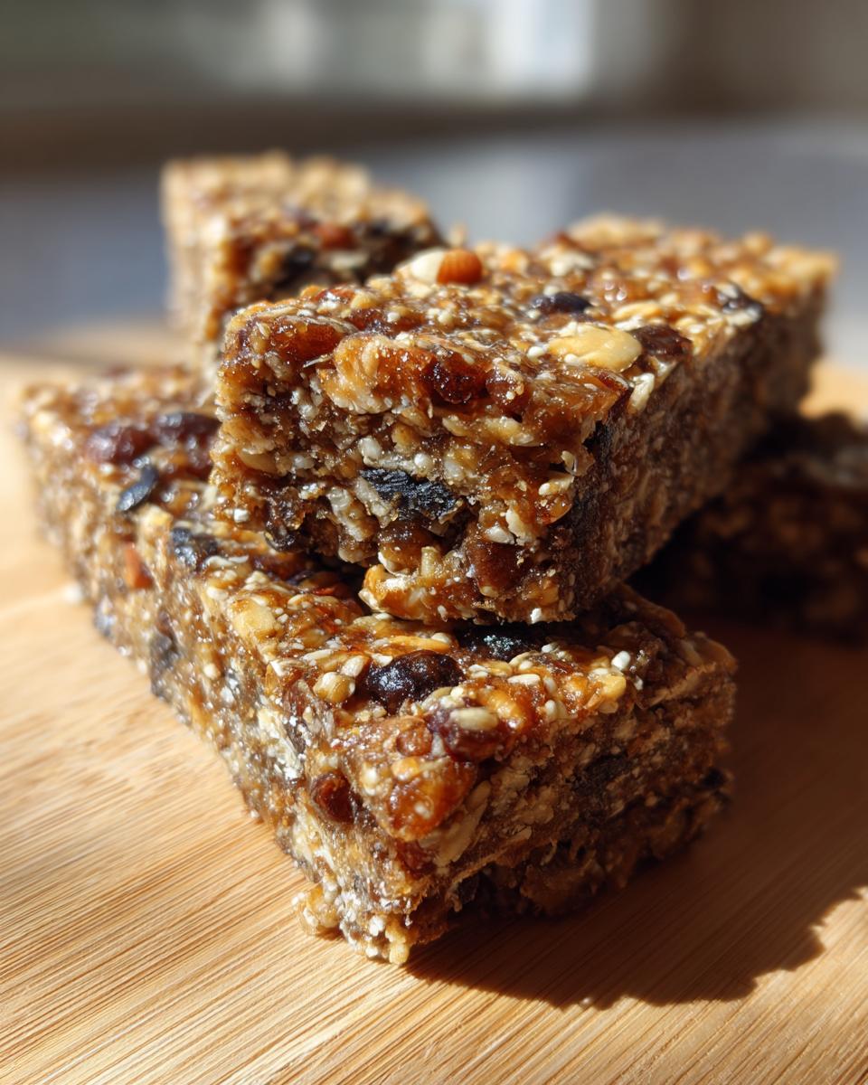 A close-up stack of no bake trail mix bars, showcasing oats, nuts, seeds, and dried fruit.