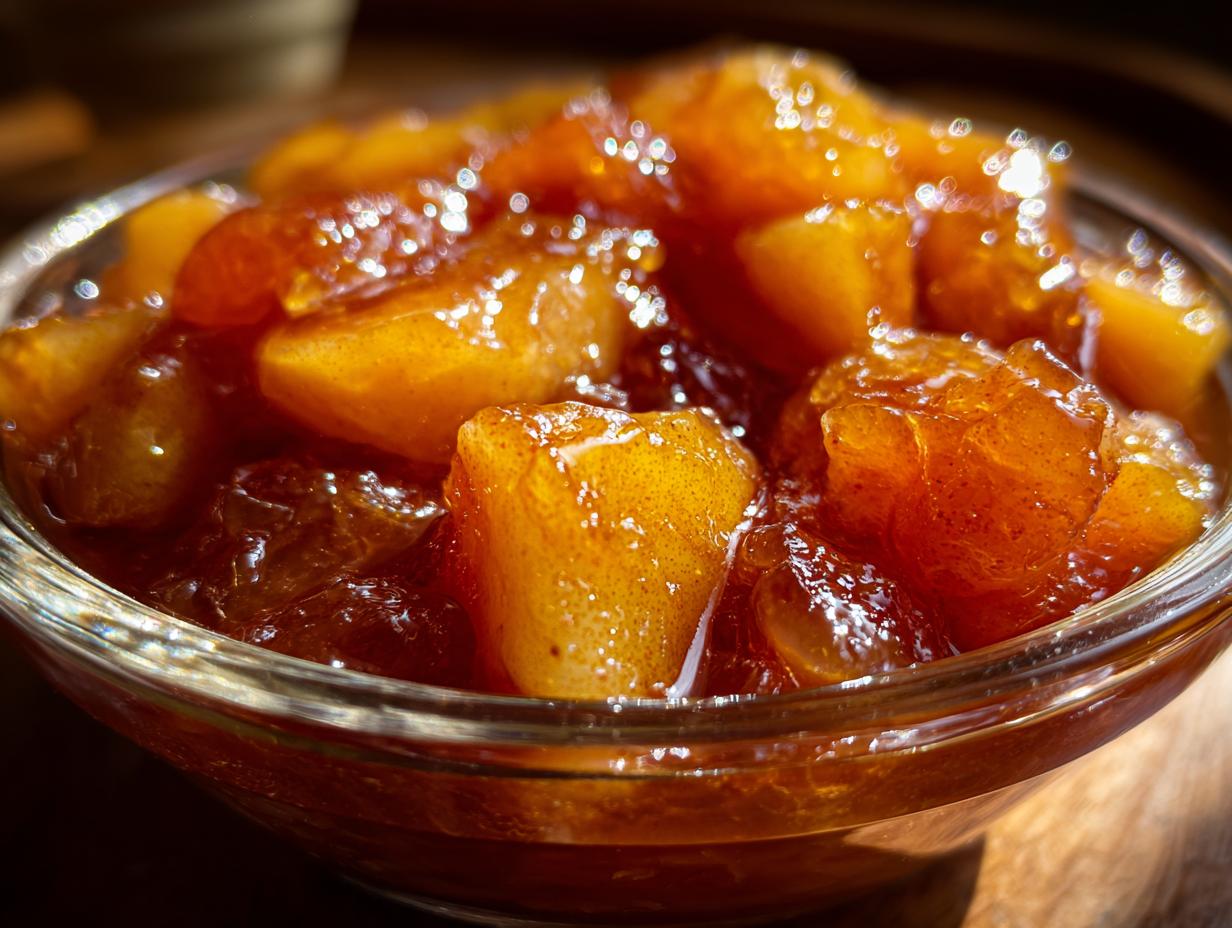Close-up of glistening Old-Fashioned Pear Preserves in a clear glass bowl, showing chunks of pear in a rich amber syrup.