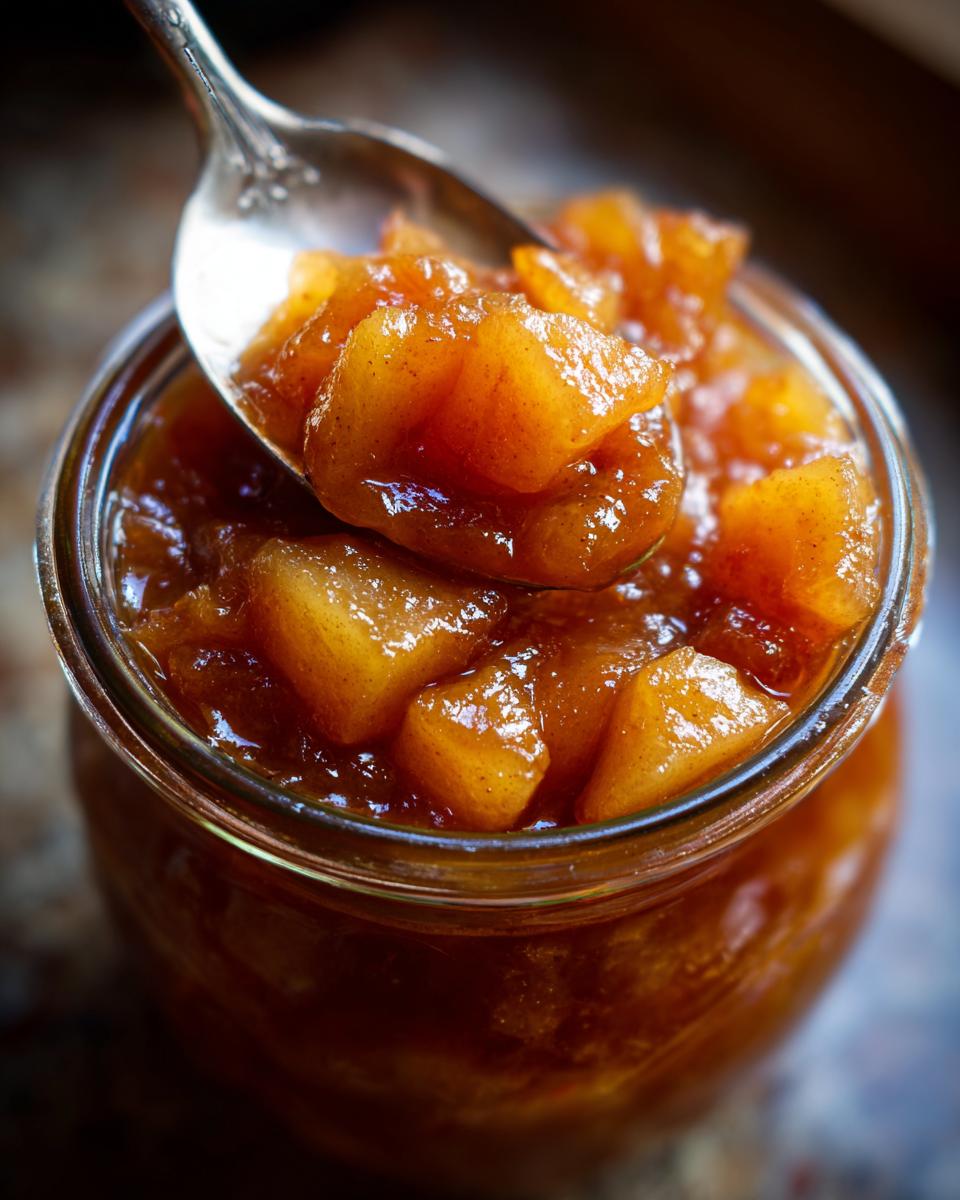 A spoonful of glistening old-fashioned pear preserves being lifted from a glass jar.