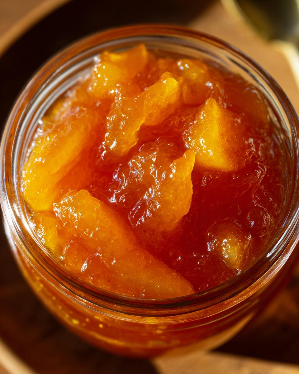 Close-up of a glass jar filled with glistening Old-Fashioned Pear Preserves.