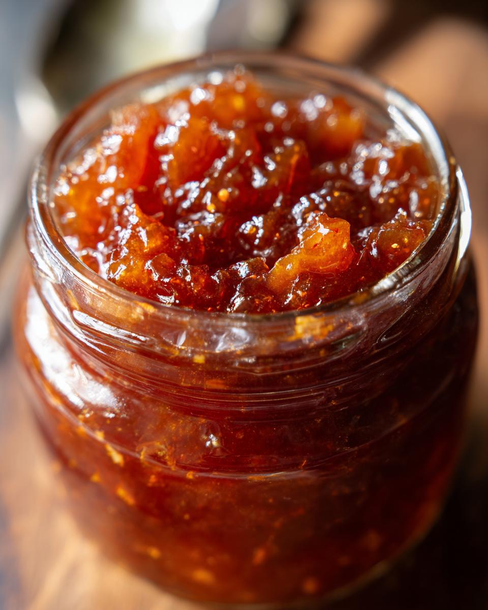Close-up of a glass jar filled with glistening, old-fashioned pear preserves.