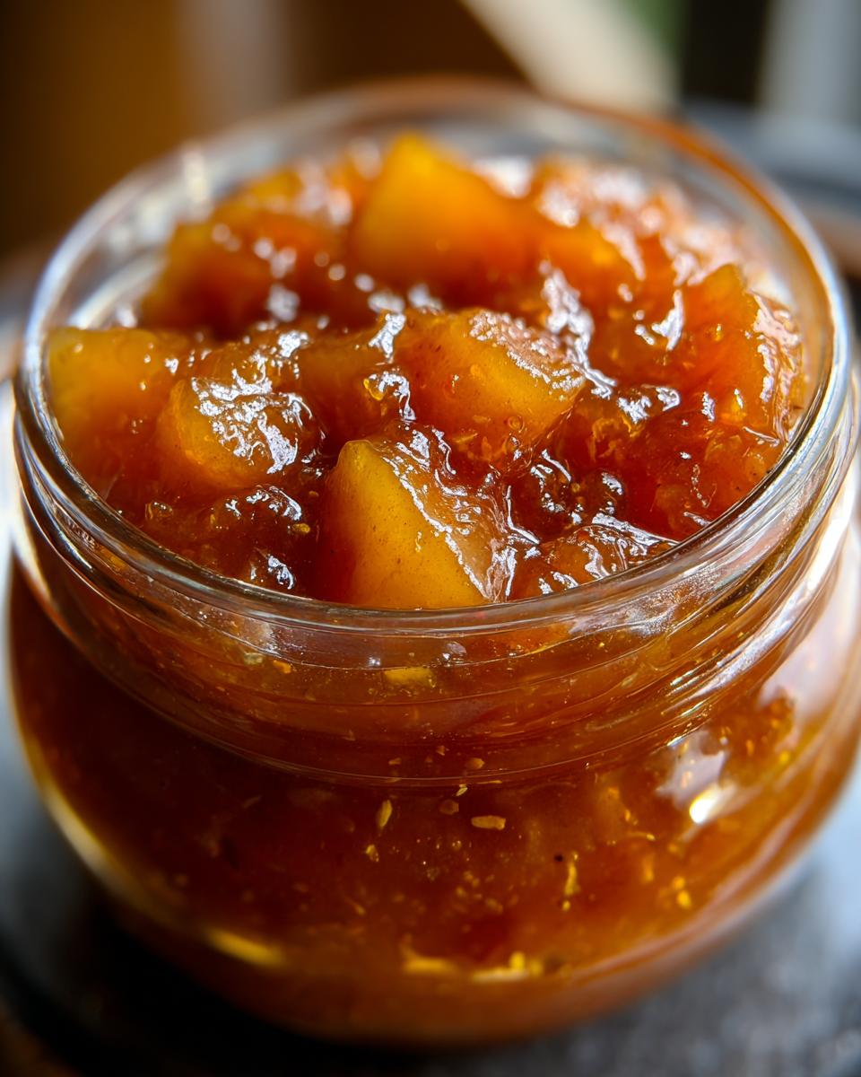 Close-up of a glass jar filled with glistening, chunky old-fashioned pear preserves.
