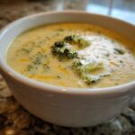 A close-up of creamy Panera Broccoli Cheddar Soup in a white bowl, with visible broccoli florets and melted cheese.