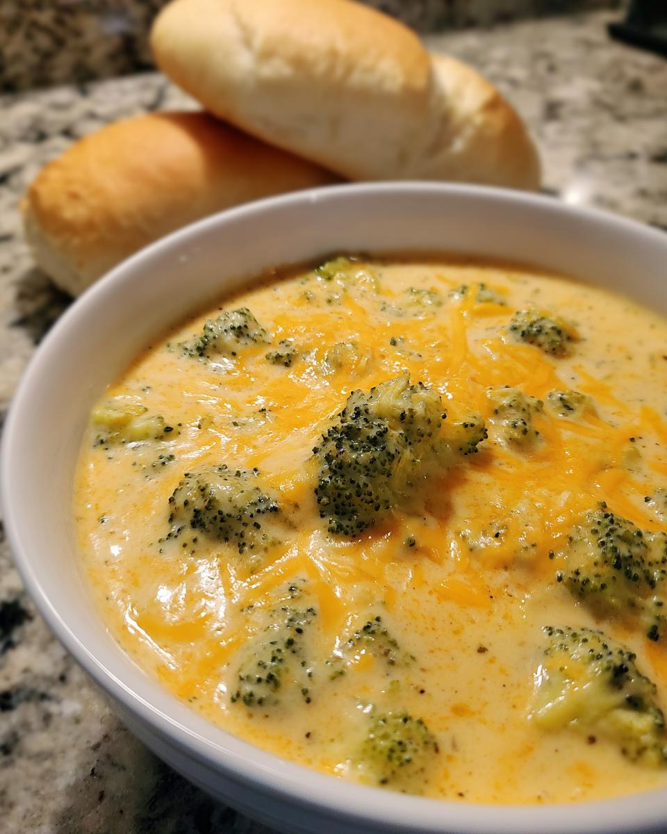 A close-up, inviting bowl of Panera broccoli cheddar soup topped with melted cheese and fresh broccoli florets.