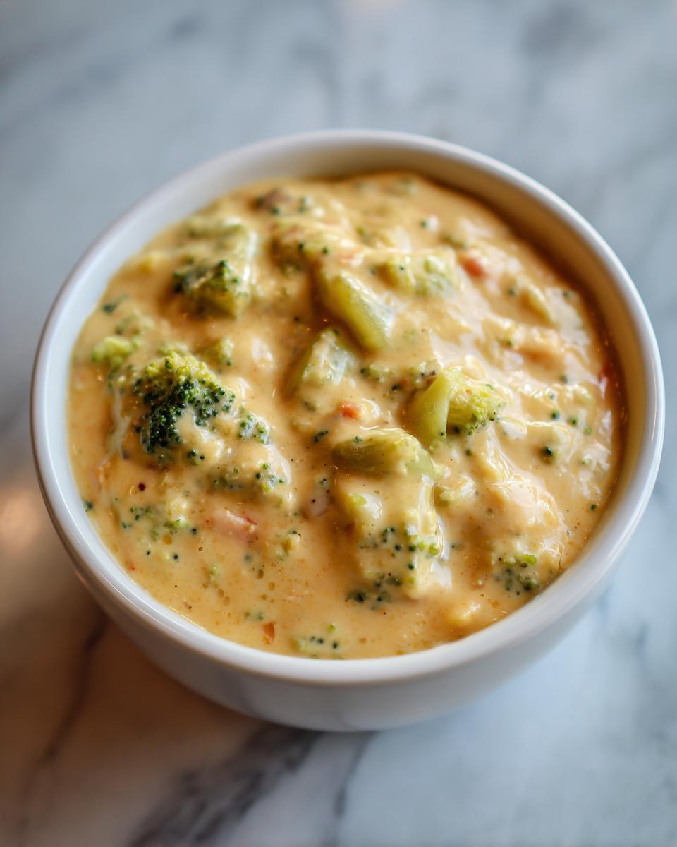 A close-up view of a bowl of creamy Panera Broccoli Cheddar Soup, filled with florets and a rich, cheesy broth.