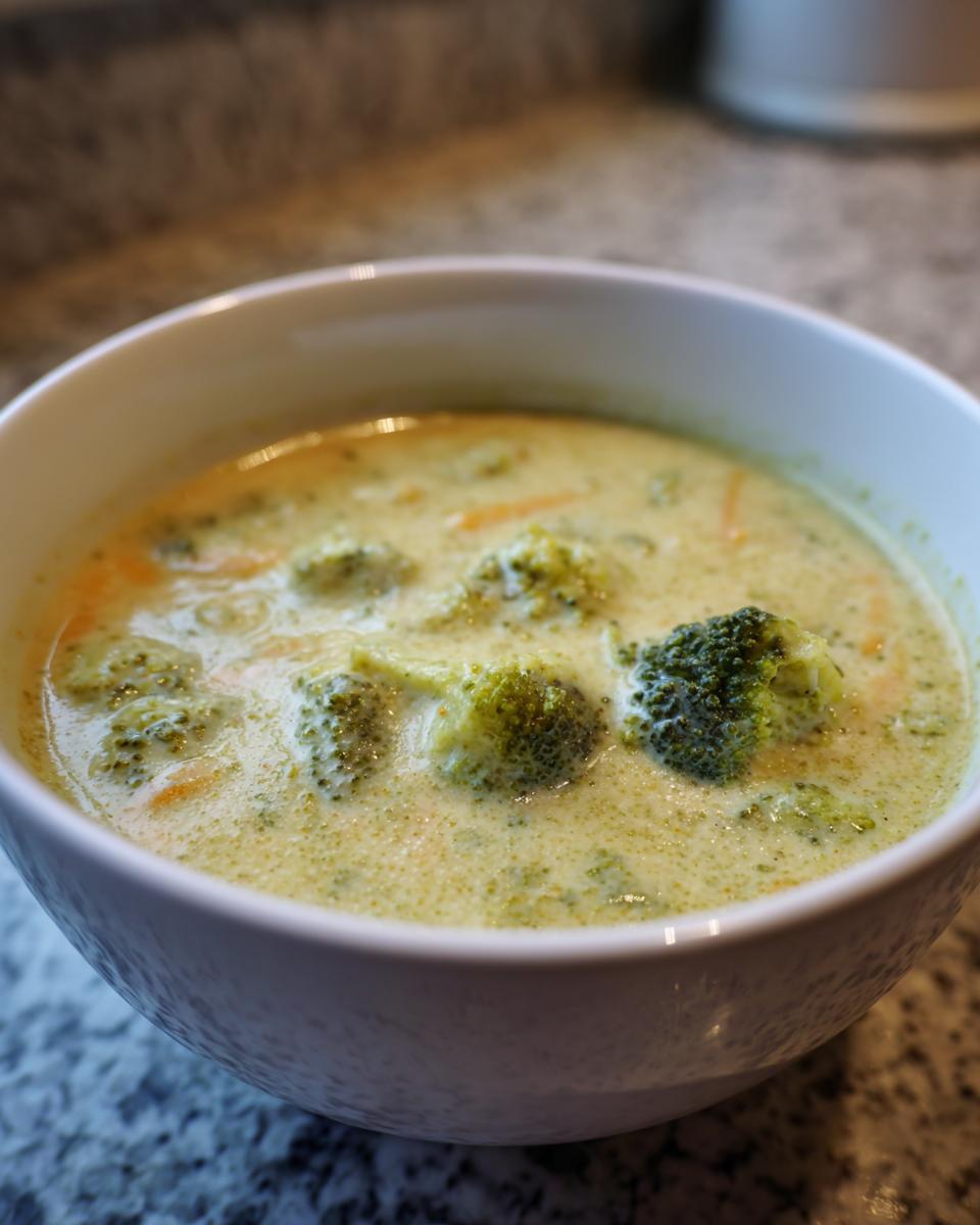 A close-up shot of a bowl of creamy Panera Broccoli Cheddar Soup, filled with broccoli florets and shredded carrots.