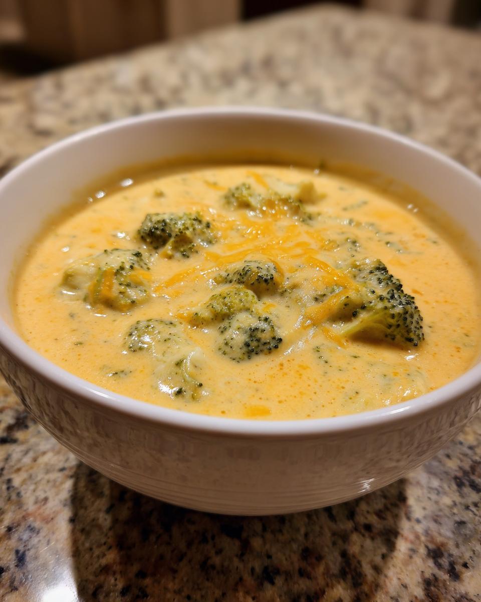 A close-up shot of a bowl of creamy Panera Broccoli Cheddar Soup topped with shredded cheese.