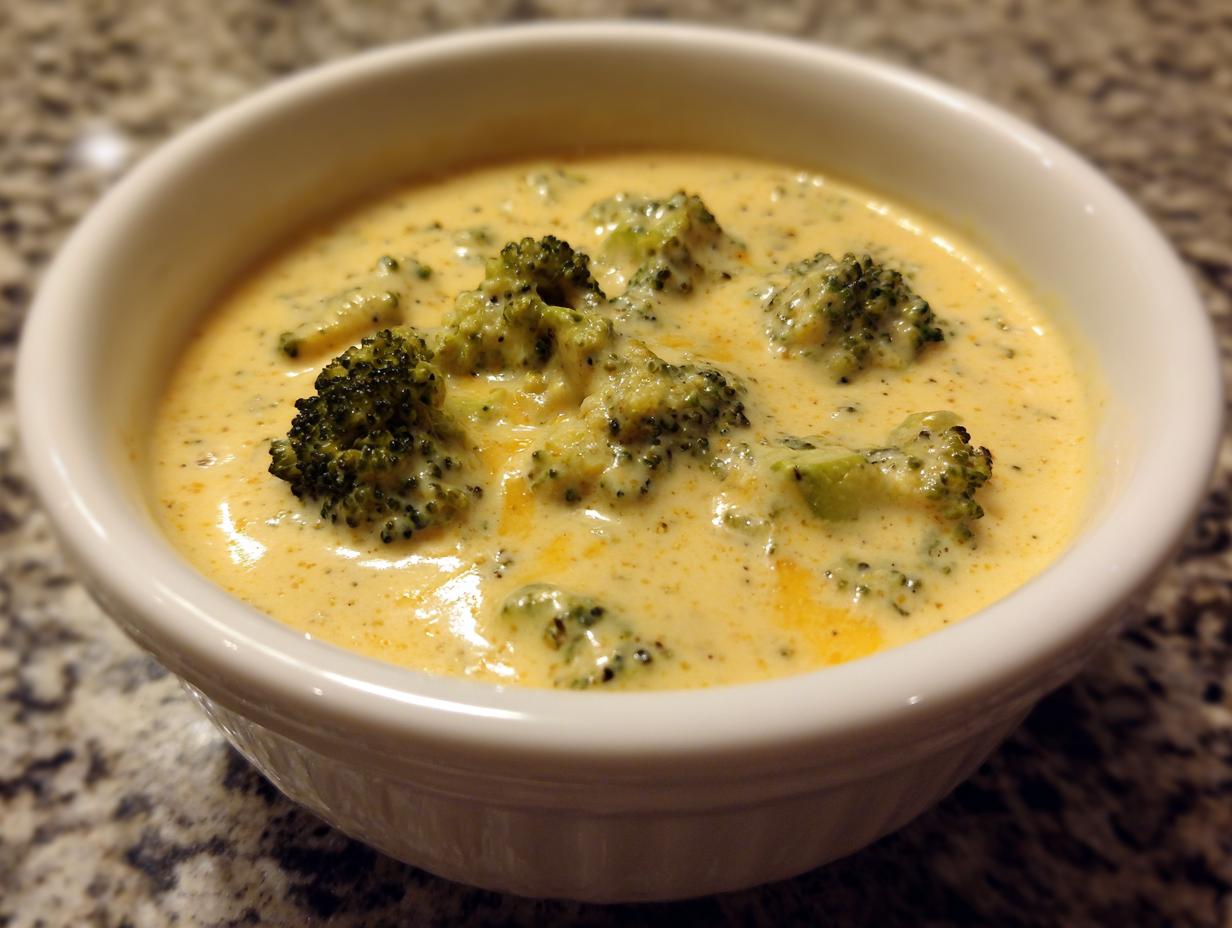 A close-up of a white bowl filled with creamy Panera Broccoli Cheddar Soup, featuring tender broccoli florets.