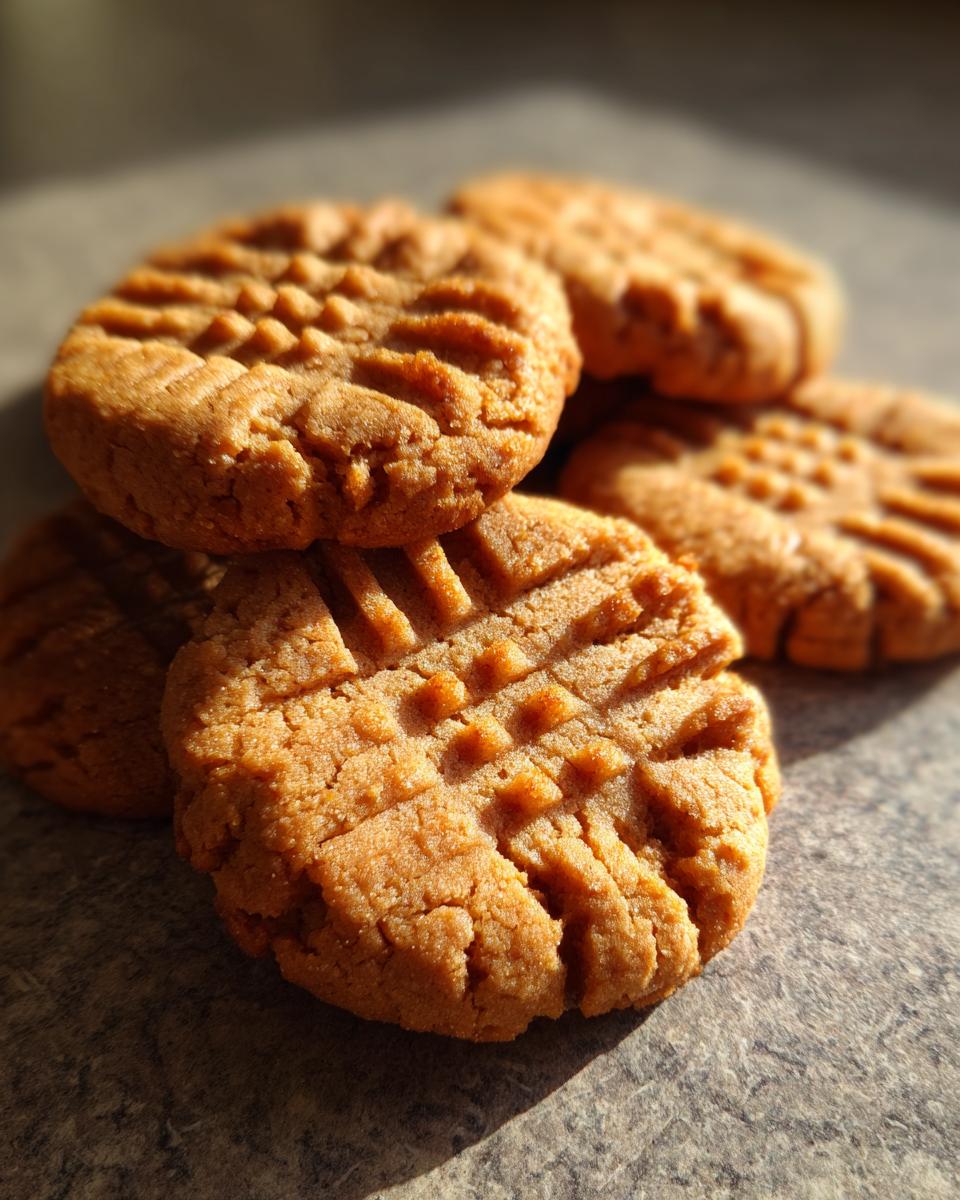 Close-up of classic criss-cross pattern peanut butter cookies stacked on a textured surface.