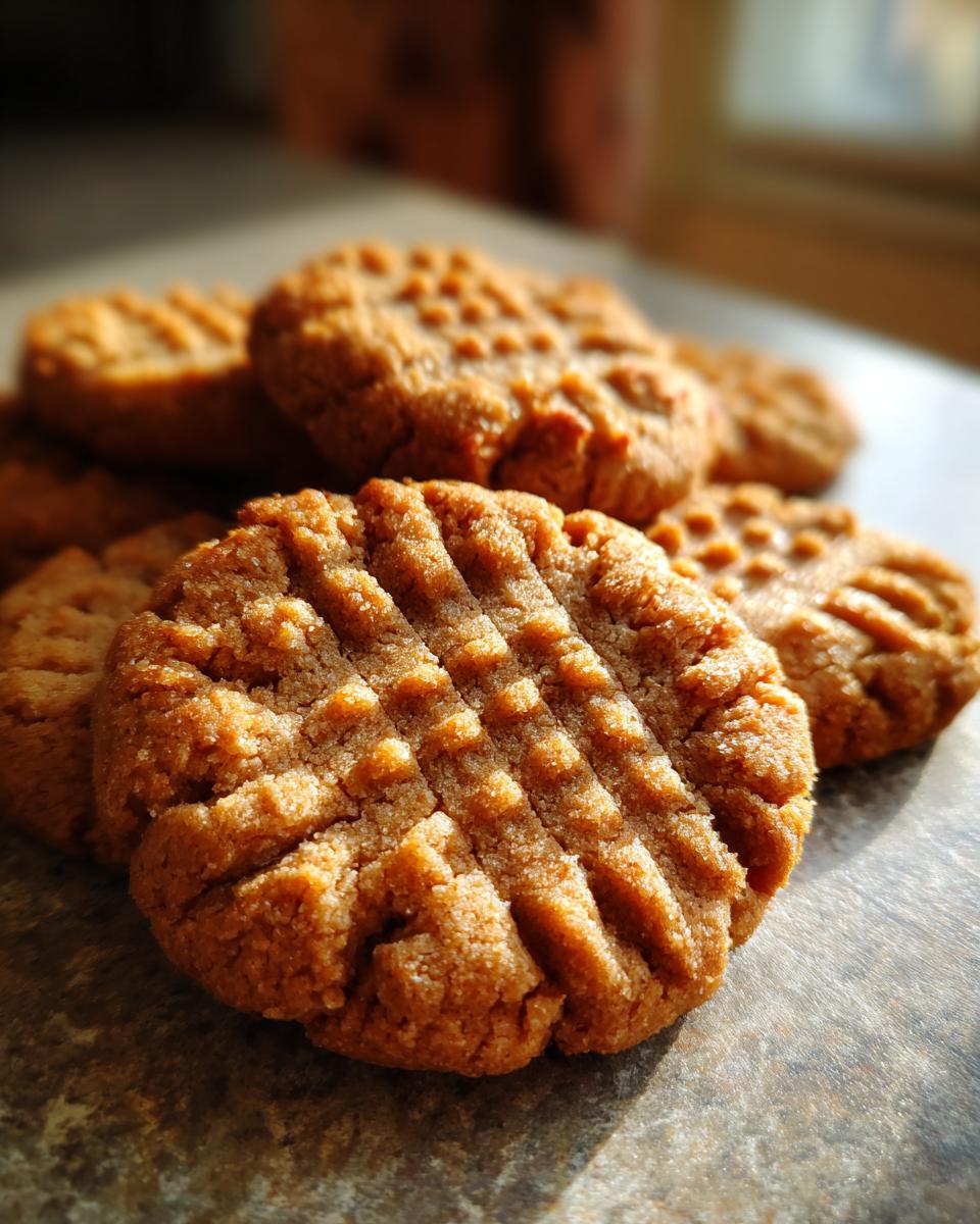 Close-up of classic peanut butter cookies with fork marks, showcasing their texture and golden-brown color.