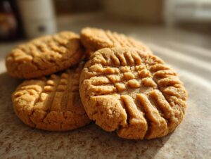 Close-up of a pile of classic peanut butter cookies with fork marks, ready to be enjoyed.