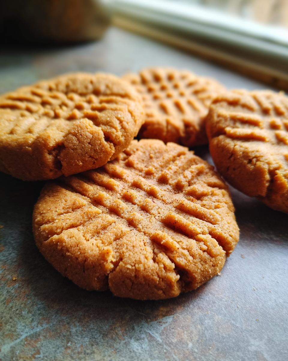 Close-up of classic peanut butter cookies with signature fork-pressed criss-cross pattern.