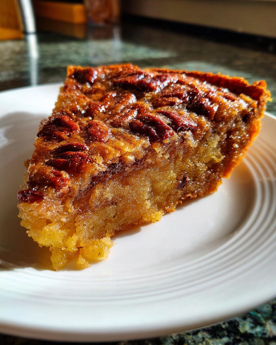 A delicious slice of pecan pie dump cake on a white plate, showcasing the gooey filling and pecan topping.