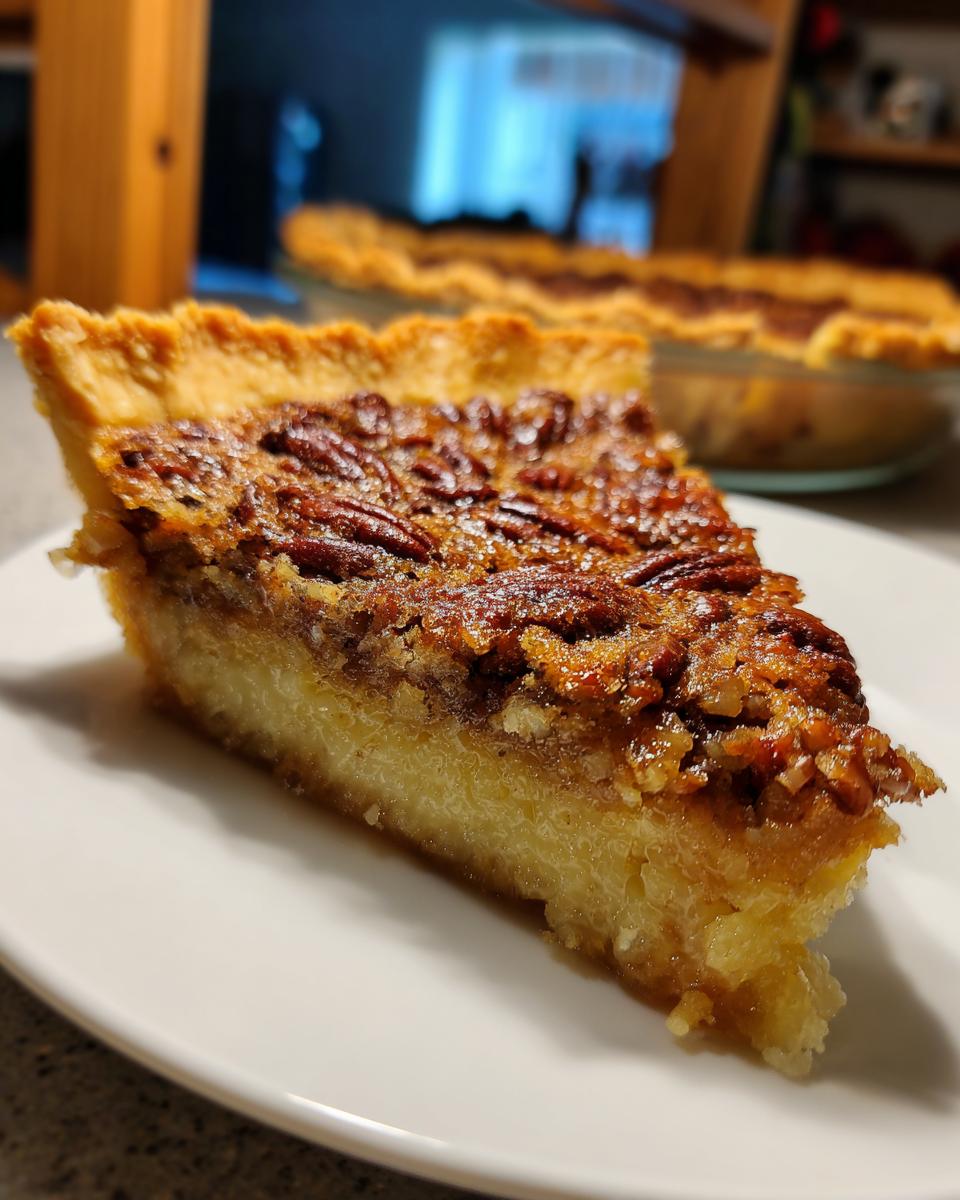 A close-up view of a slice of pecan pie dump cake on a white plate, showcasing the flaky crust and rich pecan filling.