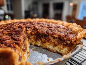 A close-up, angled shot of a slice missing from a freshly baked pecan pie dump cake, showcasing the flaky crust and gooey pecan filling.