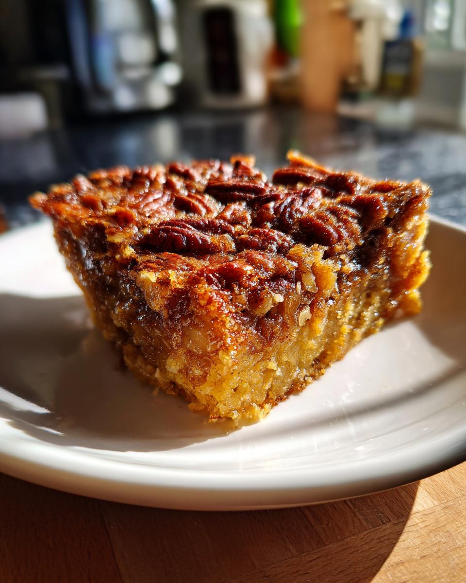 A close-up, sunlit slice of pecan pie dump cake on a white plate, showcasing the gooey filling and toasted pecans.