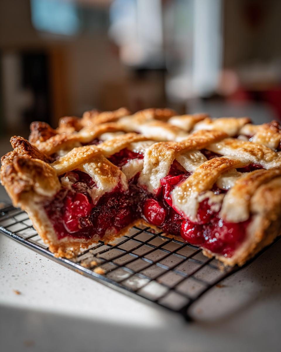 A close-up of a slice of perfect cherry pie with a golden lattice crust, revealing juicy cherries inside.