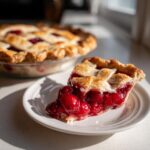 A slice of perfect cherry pie with a golden lattice crust, showcasing juicy cherries and buttery pastry.