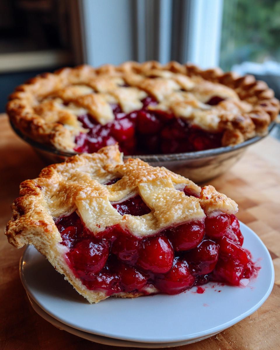 A slice of perfect cherry pie with a golden lattice crust, showcasing juicy cherries and flaky pastry.