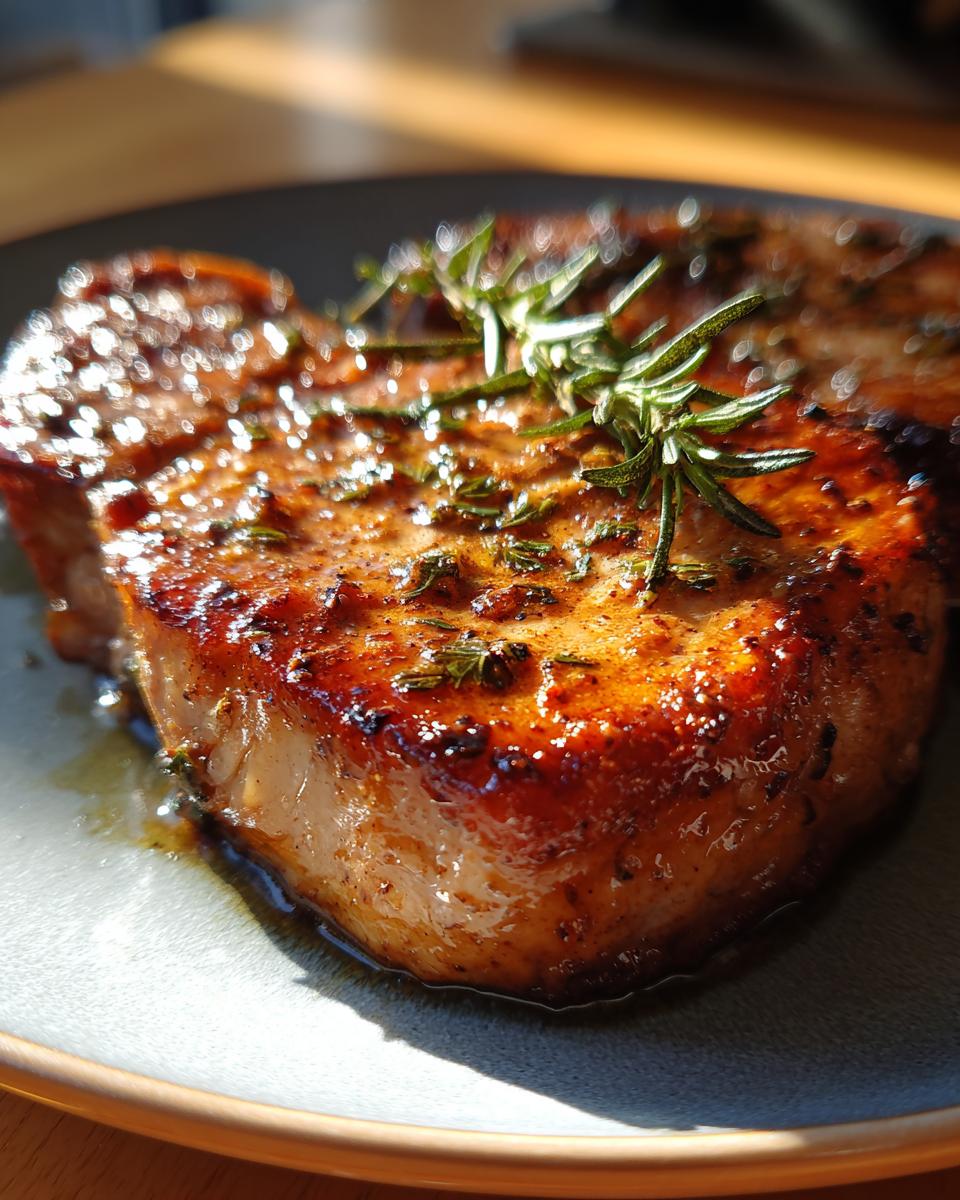Close-up of a perfectly cooked pork chop with a glistening marinade and fresh rosemary sprigs.