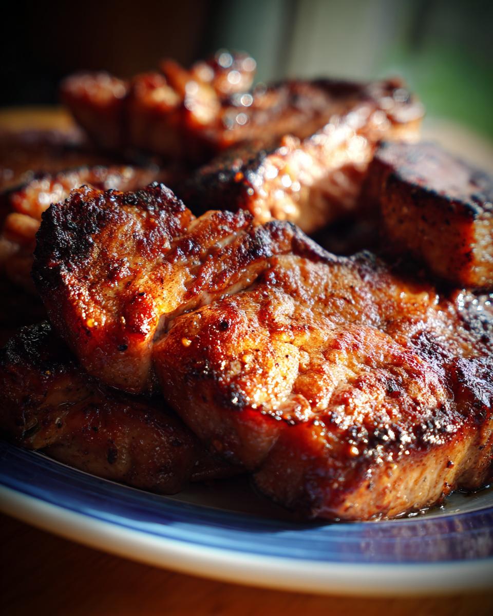 Close-up of perfectly grilled pork chops, showcasing a rich, savory marinade.