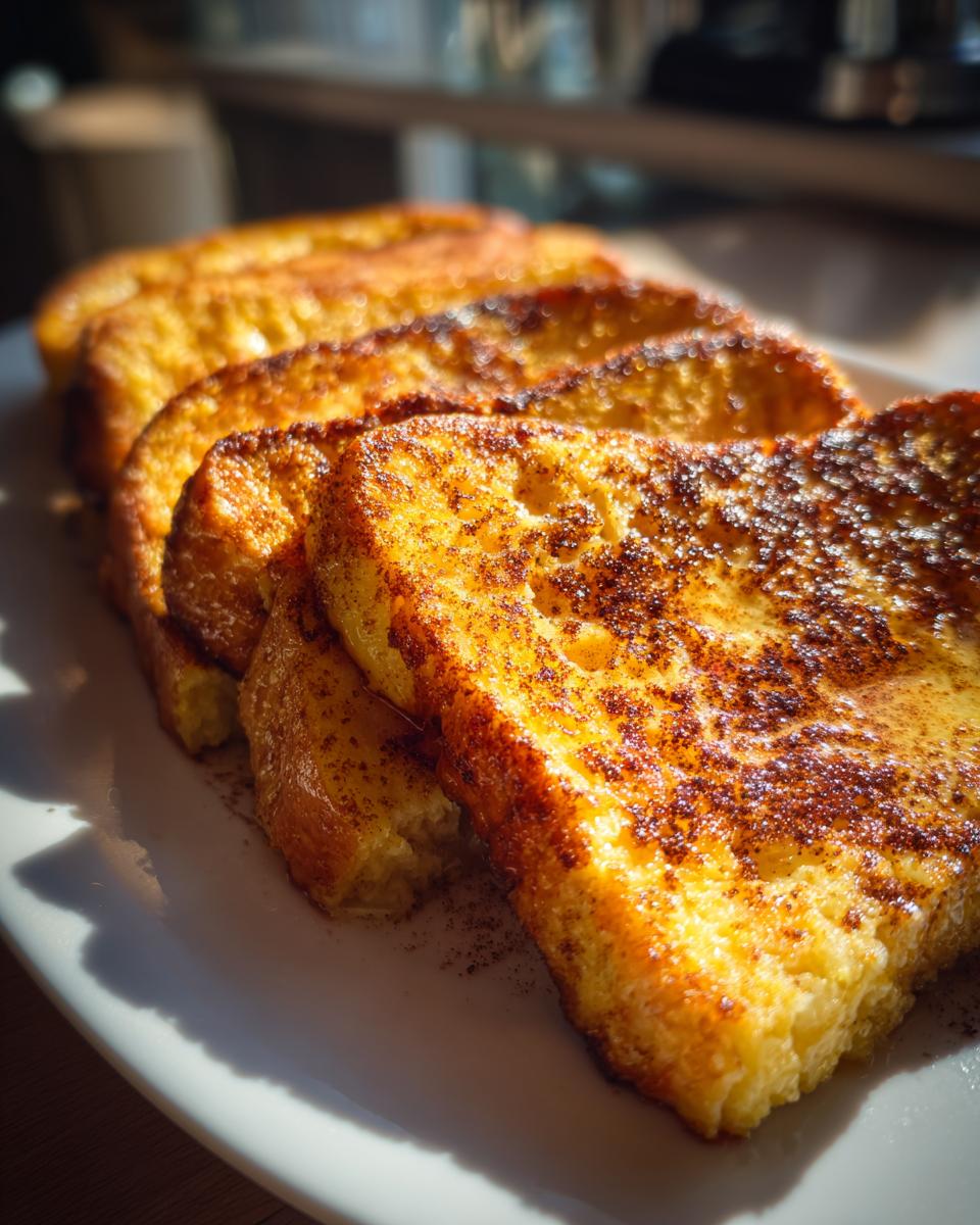 Close-up of golden brown protein French toast slices dusted with cinnamon on a white plate.