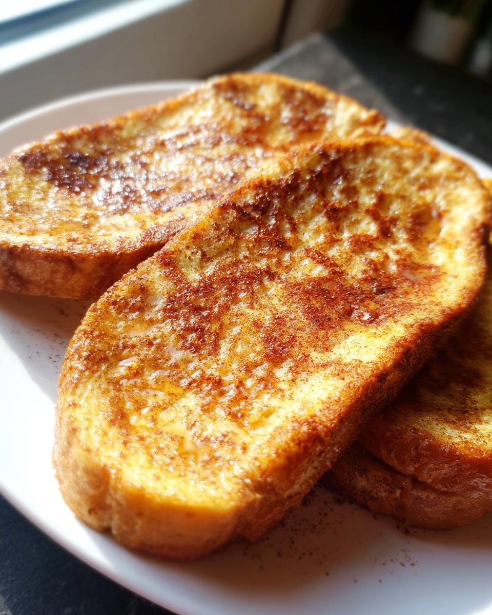 Close-up of golden brown protein french toast slices dusted with cinnamon on a white plate.
