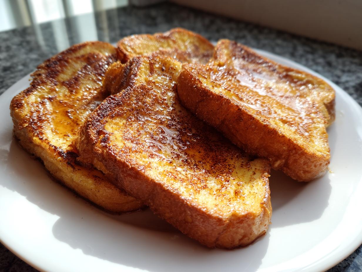Close-up of golden-brown protein french toast slices drizzled with syrup on a white plate.