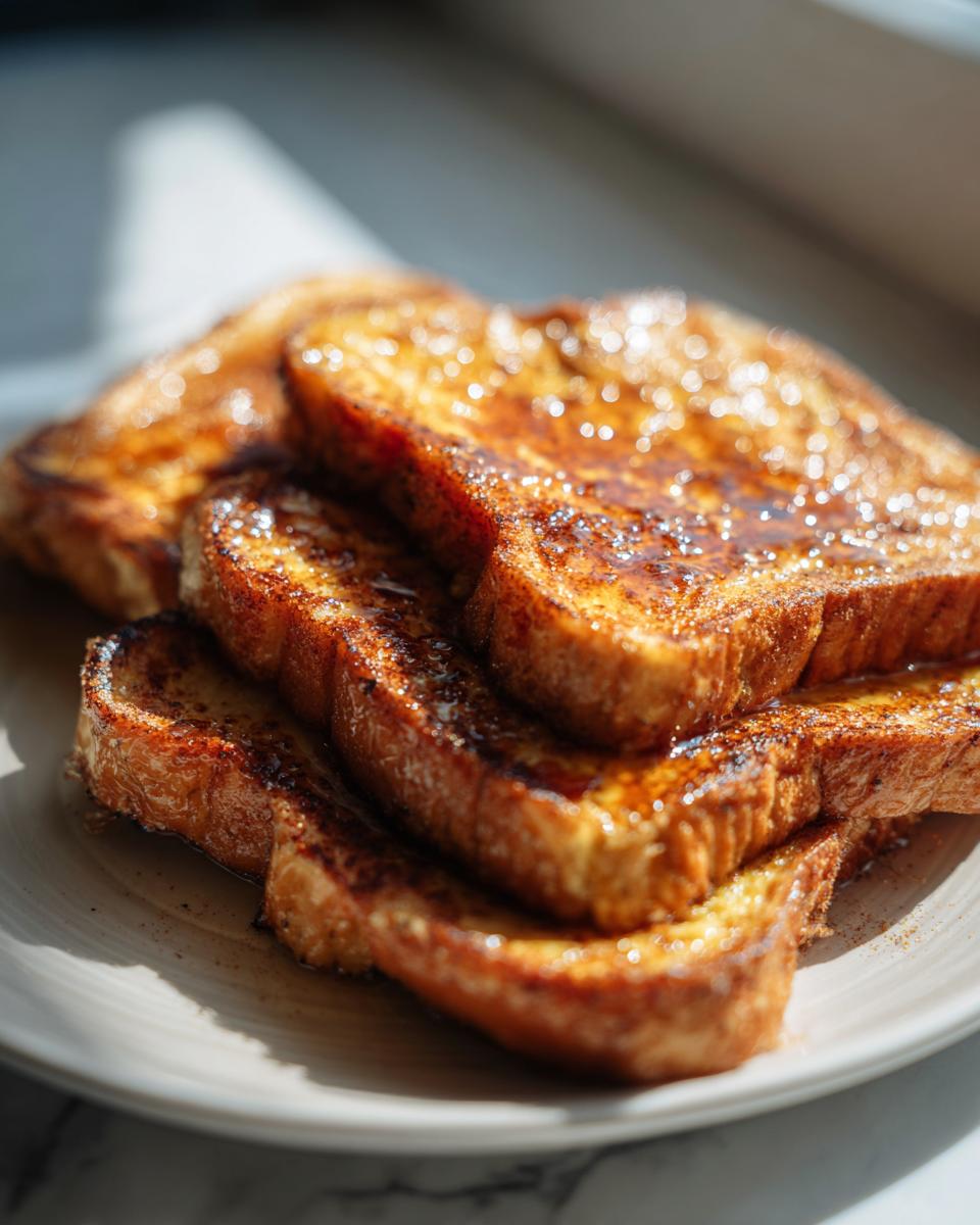 A stack of golden-brown protein French toast slices drizzled with syrup on a plate.