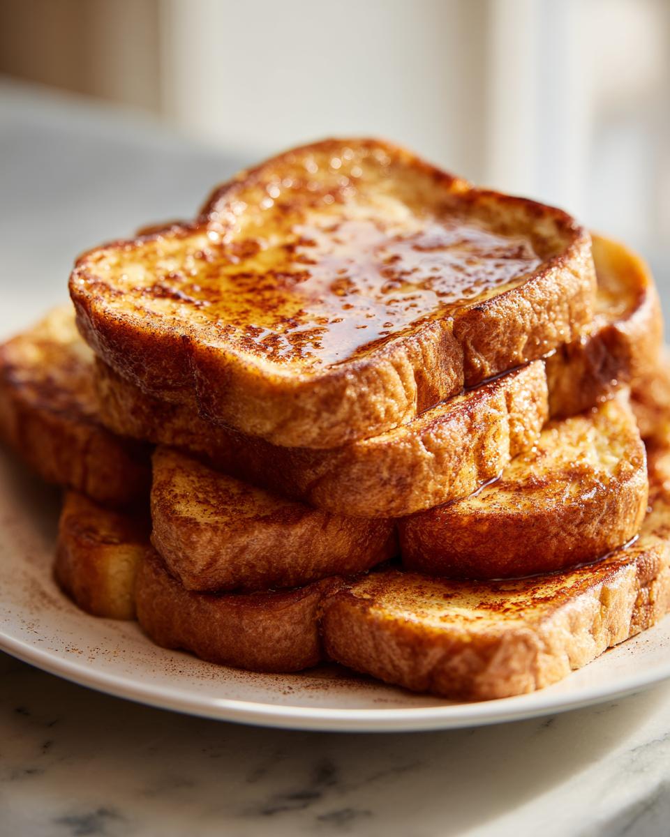 A stack of golden-brown protein French toast slices drizzled with syrup.
