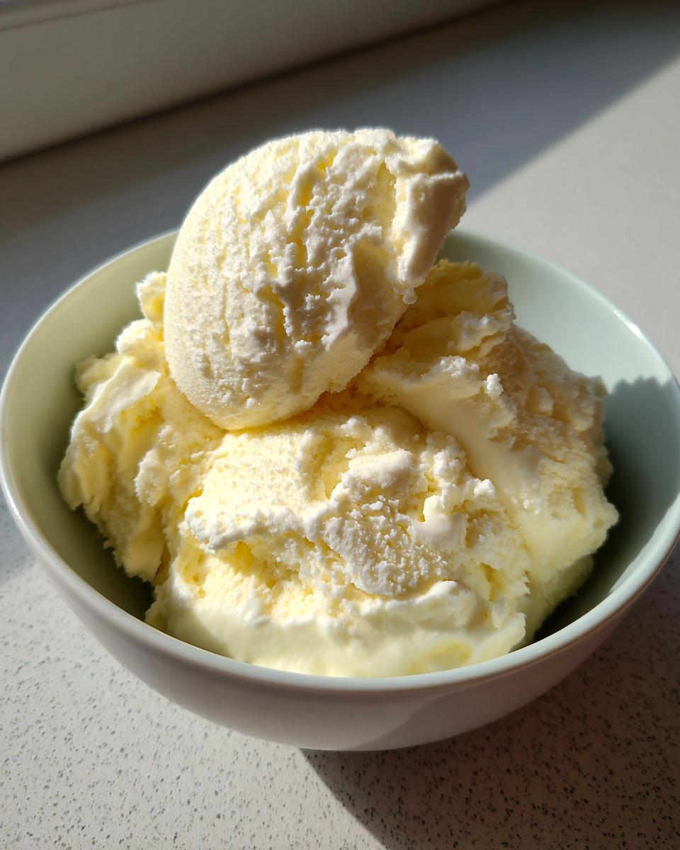 A close-up of a bowl filled with creamy, pale yellow protein ice cream, with two scoops visible.