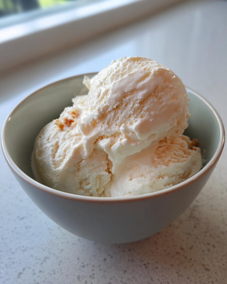 Close-up of three scoops of creamy protein ice cream in a light grey bowl.
