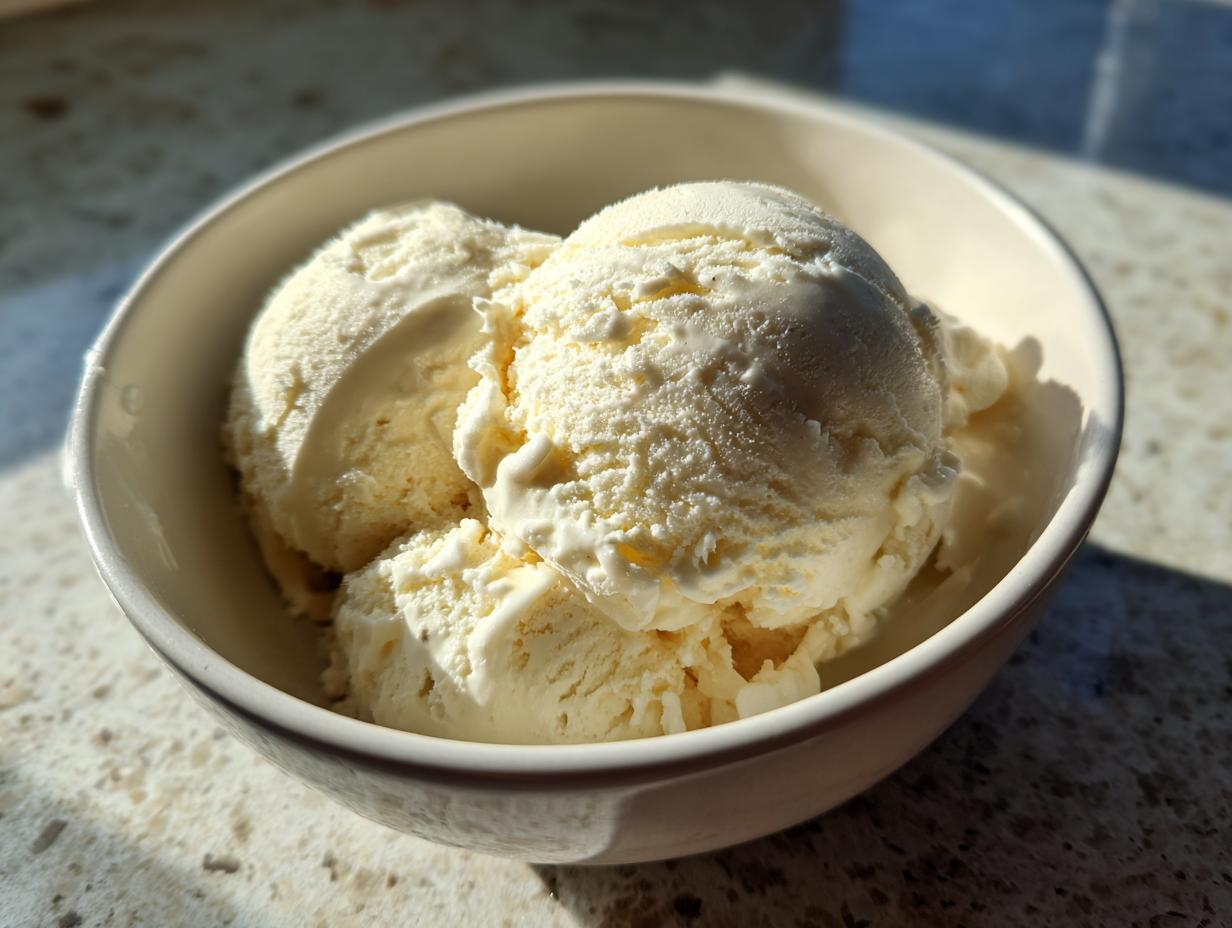 Close-up of three scoops of creamy vanilla protein ice cream in a white bowl.