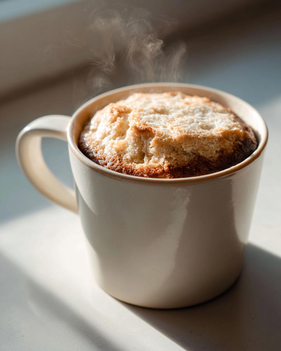 A close-up of a freshly baked, steaming protein mug cake in a cream-colored mug, ready to enjoy.