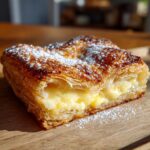 A close-up of a delicious puff pastry cheese danish, dusted with powdered sugar, revealing a creamy cheese filling.
