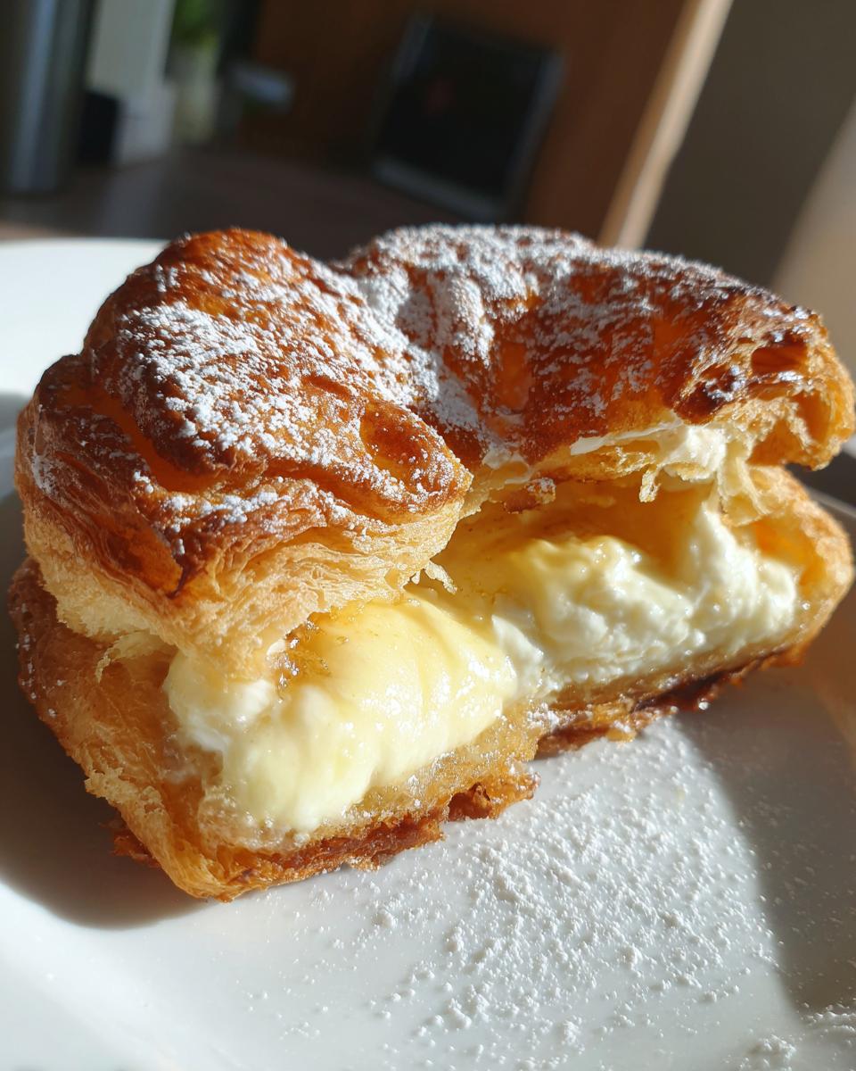 A close-up of a flaky puff pastry cheese danish, split open to reveal a creamy cheese filling, dusted with powdered sugar.