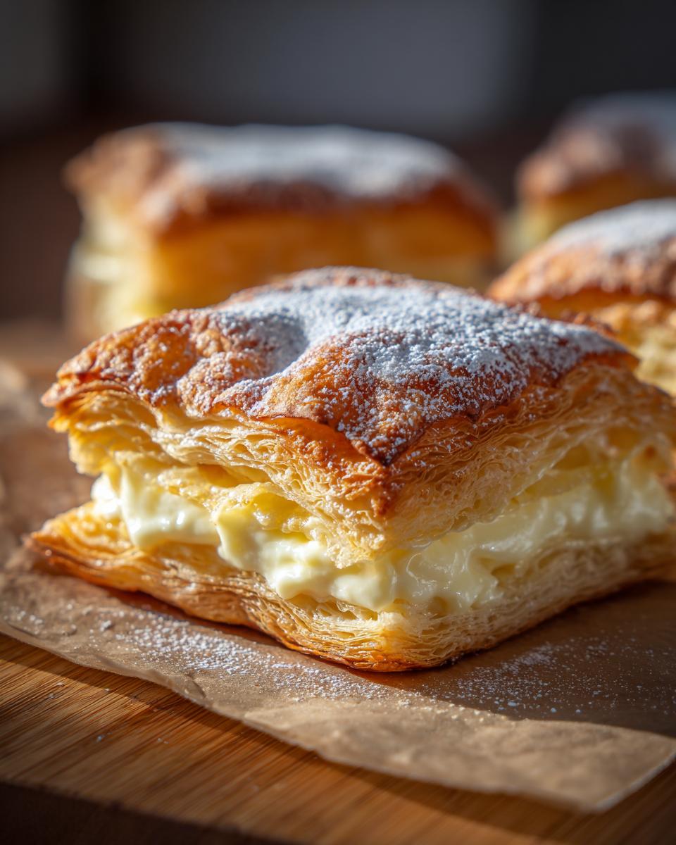 A close-up of a flaky puff pastry cheese danish filled with a creamy custard and dusted with powdered sugar.