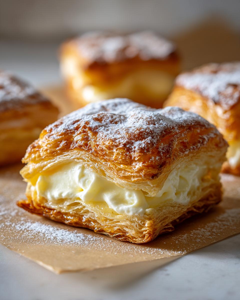 Close-up of a delicious puff pastry cheese danish filled with creamy cheese and dusted with powdered sugar.
