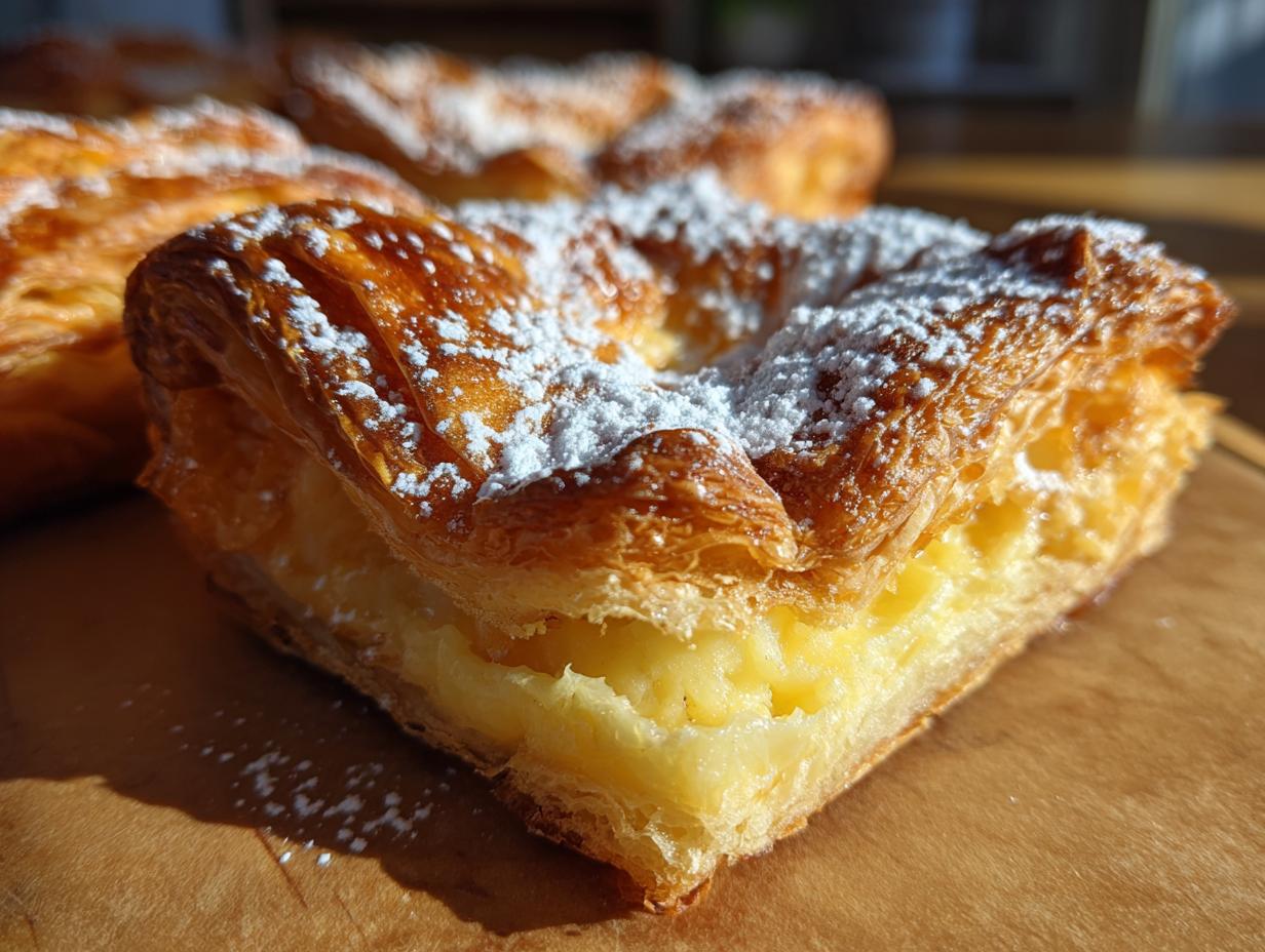 Close-up of a flaky puff pastry cheese danish dusted with powdered sugar, revealing a creamy filling.