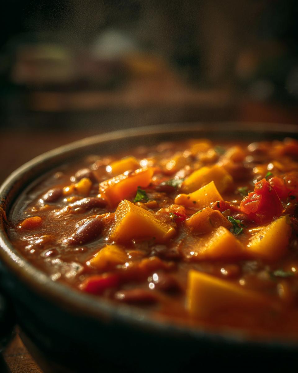 Close-up of a steaming bowl of delicious pumpkin chili with beans and chunks of pumpkin.