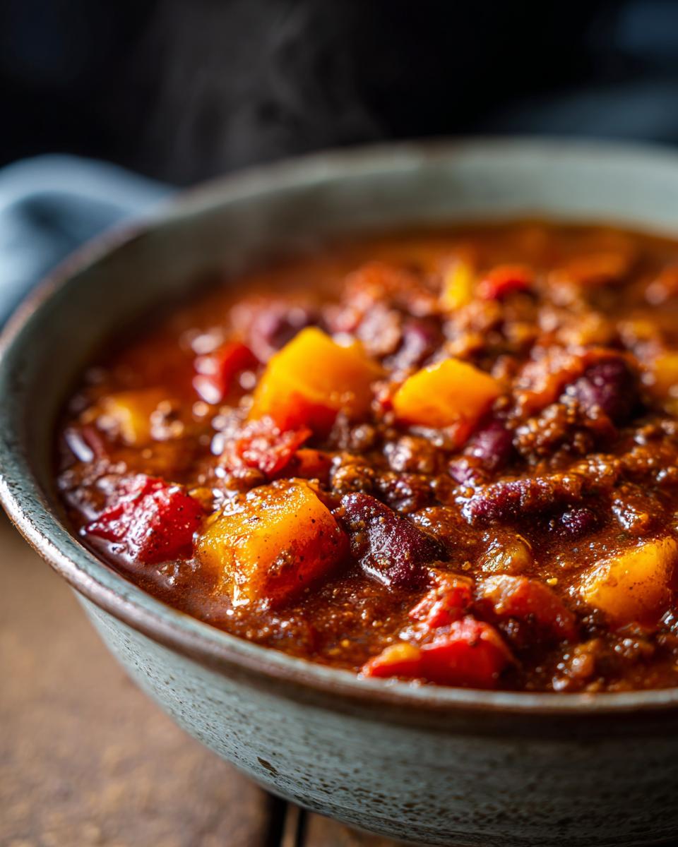 Close-up of steaming pumpkin chili in a rustic bowl, featuring chunks of pumpkin, beans, and rich chili sauce.