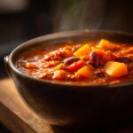 A steaming bowl of delicious pumpkin chili with chunks of pumpkin and kidney beans.