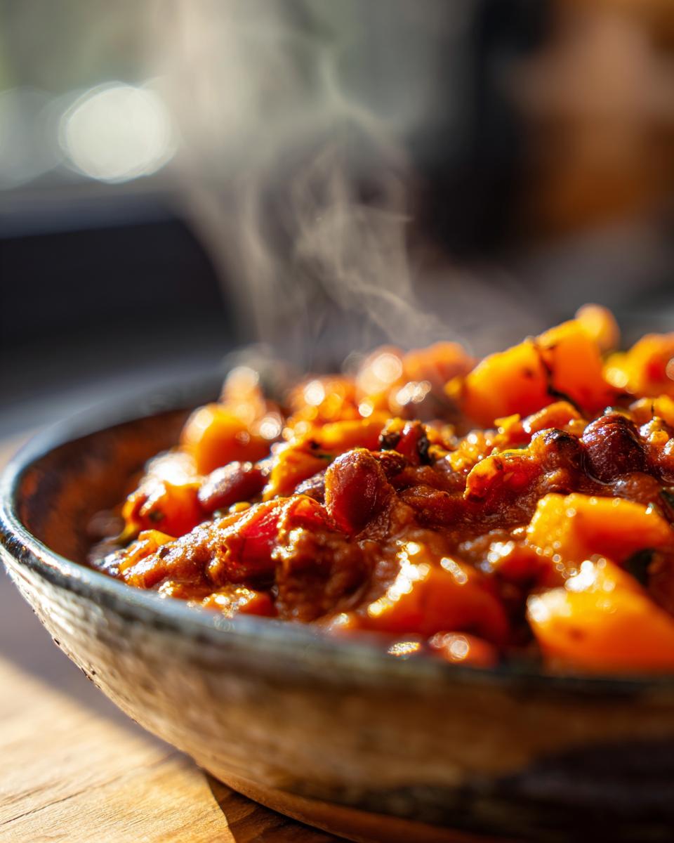Close-up of a steaming bowl of hearty pumpkin chili with beans and chunks of pumpkin.