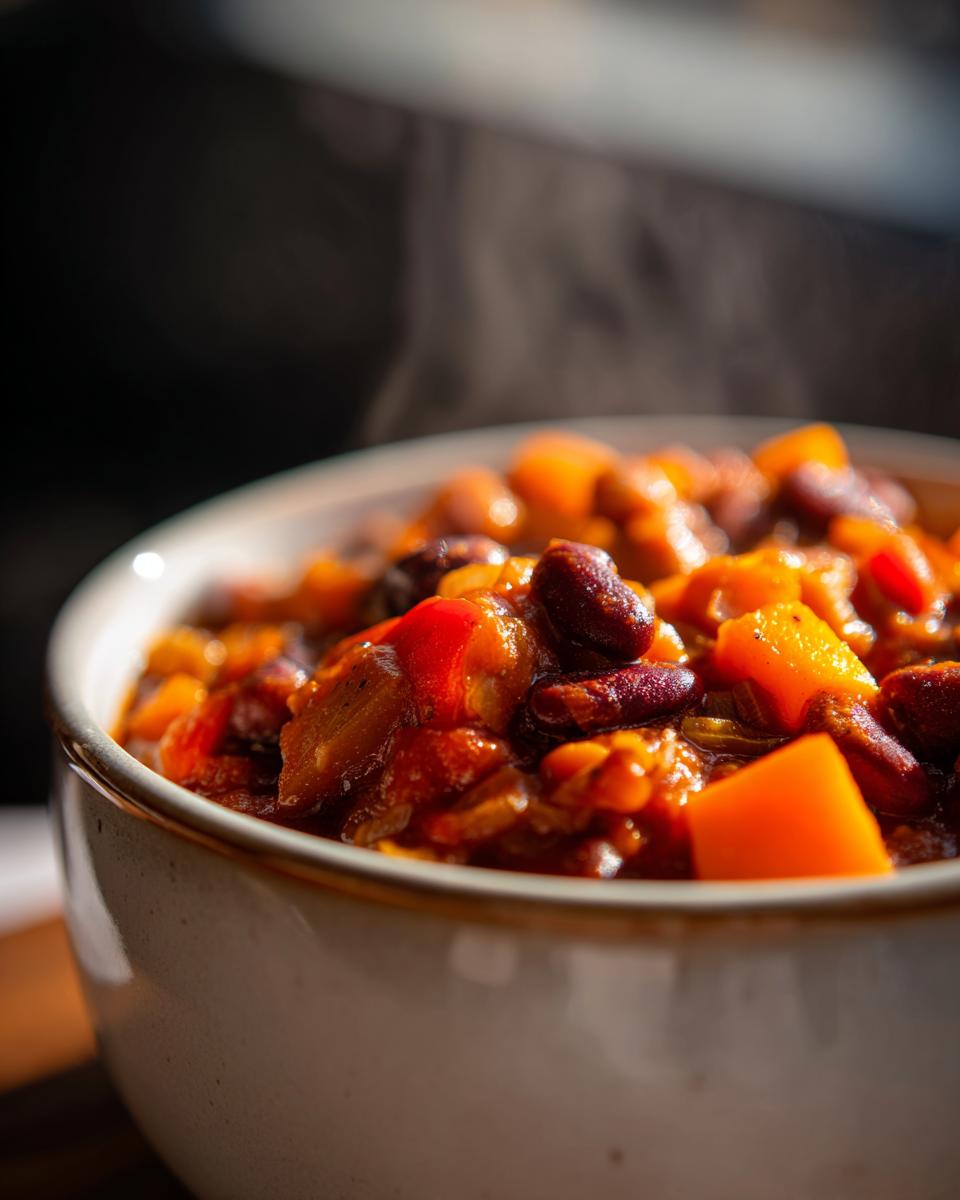 A close-up of a steaming bowl of hearty pumpkin chili with kidney beans and chunks of pumpkin.