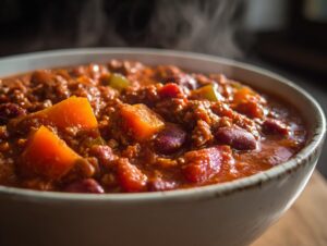 Close-up of a steaming bowl of hearty pumpkin chili, showing chunks of pumpkin, kidney beans, and ground meat.